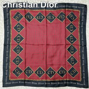 未使用 Christian Dior クリスチャンディオール ロゴ 大判シルクスカーフ ヴィンテージ 赤 B92305-86