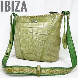 【美品】IBIZA イビザ マットクロコダイル オーストリッチ ショルダーバッグ センター取り 黄緑 エキゾチックレザー genuine crocodile