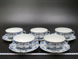 D1459 ロイヤルコペンハーゲン ブルーフルーテッド フルレース ティー カップ＆ソーサー 5客 ROYAL COPENHAGEN