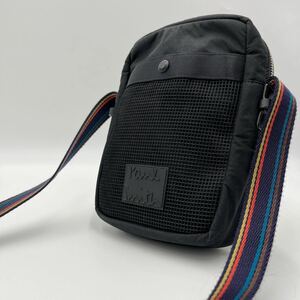 1円【極美品】 ポールスミスPaul Smith メンズ ショルダーバッグ 斜め掛け ビッグロゴ マルチストライプ レザー ナイロン ブラック 黒