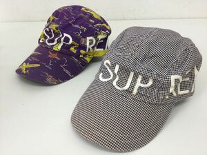 ●営HS278-80　Supreme　シュプリーム　キャップ　2点セット　千鳥格子 グレー/パープル　帽子