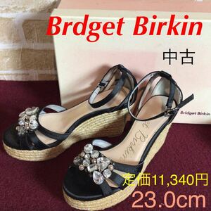 【売り切り!送料無料!】A-223 Bridget Birkin!ウェッジソールビジューサンダル!23.0cm!黒!キラキラ!アンクルストラップ!中古!箱付き!