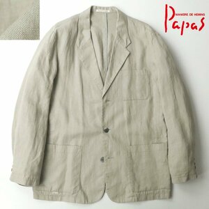 日本製 Papas パパス 麻100％ リネン 貝釦 3つボタン テーラードジャケット ベージュ 48 M【相場価格￥93,500-】