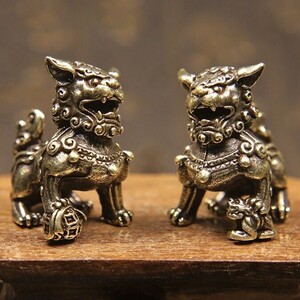 2個 獅子 狛犬 守護 置物 置き物 銅製 銅