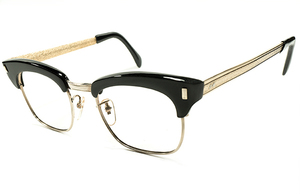 定番SHAPEレアデザイン 1960s英国製BLACKセル×GOLDプレート型TEMPLEコンビネーションブロータイプ眼鏡A4543 デッドストックUKヴィンテージ