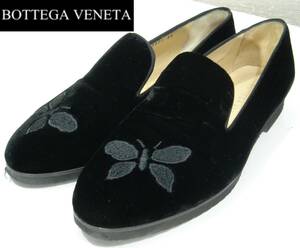 送料670円~(即決は送料無料) BOTTEGA VENETAベロア蝶刺繍ローファー38ブラック レディース24.5cmスリッポン黒 バタフライ ボッテガヴェネタ