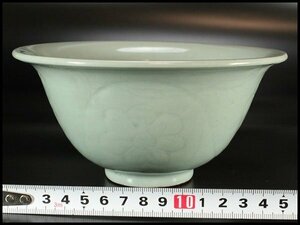 【金閣】中国美術 青磁 草花紋 碗 φ16.5cm 旧家蔵出(YC297)