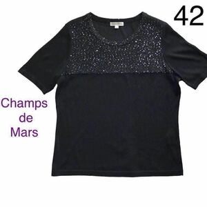 美品Champs de Mars シャンドマルス レジーヌ スパンコール サマーニット トップス カットソー 黒 半袖 クルーネック 大きいサイズ42 XL