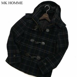 MK HOMME ミッシェルクラン オム 秋冬 メルトンウール★ ジップ チェック ダッフルコート Sz.46　メンズ ネイビー　C3T09995_B#N