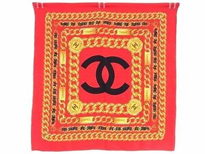 1円 ■美品■ CHANEL シャネル ココマーク シルク100% 大判 総柄 スカーフ ストール ショール レディース レッド系 AW8470