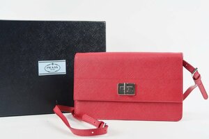 【新品同様・未使用】PRADA プラダ ショルダーバッグ ウォレット サフィアーノレザー レッド【QD32】