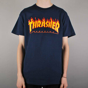 Thrasher Magazine (US企画) スラッシャーマガジン Tシャツ Flame Logo T-Shirt Navy ネイビー (L) スケボー SKATE SK8 スケートボード