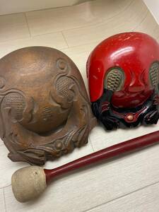 ★木魚★ 玉鱗工 本楠 手彫り 二頭龍 赤色 仏具 ２つまとめて