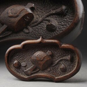 JK418 時代 木地 浮彫「宝珠と小鎚」置物 横15.2cm 重98g・木浮雕小槌圖・木彫 打ち出の小槌
