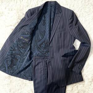 極美品/希少XL!! エトロ《圧倒的な存在感》ETRO スーツ セットアップ ペイズリー柄 ストライプ 50 ダークネイビー×ボルドー 高級◎ 希少◎