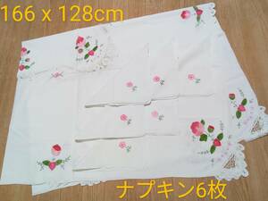 ★送230円 近沢レース 手刺繍バテンレース 大判テーブルクロス(166x128)&ナプキン6枚 手工芸品/スワトー刺繍/ハンドメイド/綿100%