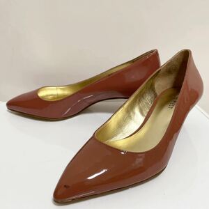 和18★① NINE WEST ナインウエスト パンプス ヒール エナメル シューズ 6 約23 レディース ダークベージュ パテントレザー