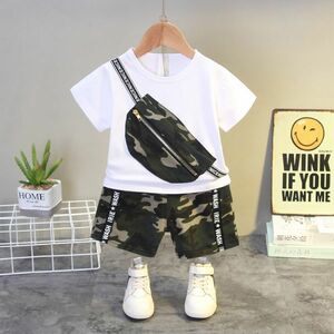 ♪ｍineka♪男の子半袖Tシャツ+ショートパンツ2点セット　シャツ　パンツ　グリーン　迷彩　子供服　綿製　普段着　90cm　211567/3T