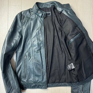 良品/L相当★リューグーレザー/Liugoo Leathers ラムレザー 羊革 シングル ライダース ジャケット ブルゾン ダブルジップ メンズ 深緑