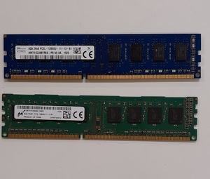 L0422-01　PCメモリ2枚セット　SK hynix（8GB）　Micron（4GB）　PC3L-12800U（DDR3L-1600）　HMT41GU6BFR8A　MT8KTF51264AZ　計12GB　