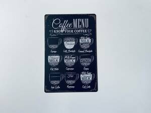 ブリキ看板 20×30㎝ カフェ グッズ 豆 コーヒーミル コーヒー COFFEE MENU 図鑑 アメリカンガレージ アンティーク インテリア 新品 P-0030