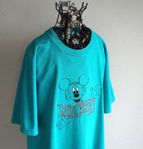 1990s ヴィンテージ USA製 Velva Sheen MICKEY アウトライン刺繍 Tシャツ XL ターコイズグリーン ミッキー ディズニー アメリカ 海外 古着