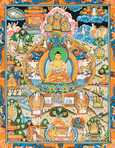 送料無料 タンカ マンダラ 曼荼羅 手描きのタンカ 〔一点物〕装丁付肉筆仏画（タンカ） 仏陀の生涯 曼陀羅