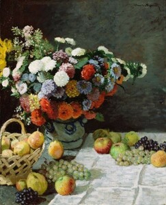 【フルサイズ版】クロード・モネ 花と果物のある静物 1869年 J・ポール・ゲティ美術館 壁紙ポスター 585×722mm はがせるシール式 021S1