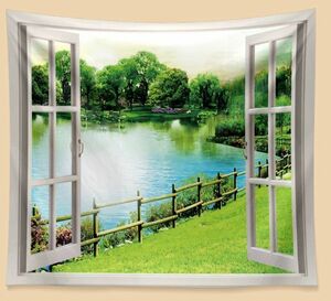 風景が美しいタペストリー　公園の池　NO435　芝生　グリーン　木立　初夏　背景　壁掛け　模様替え　②