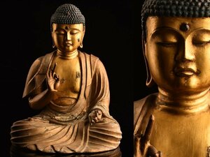 【流】仏教美術 本時代 木彫金彩阿弥陀如来像 高32cm DH727
