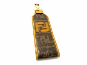 1円 FENDI フェンディ ズッカ柄 PVC×レザー キーリング キーホルダー バッグチャーム ブラウン系 FD0243