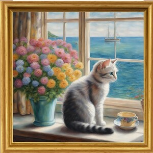 海を眺める猫　花　イラスト　絵　絵画　インテリア　子猫 Ｌ版サイズプリント ハンドメイド