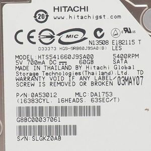 HITACHI HDD HTS541660J9SA00 ハードディスク 60GB SATA 2.5インチ 管14784