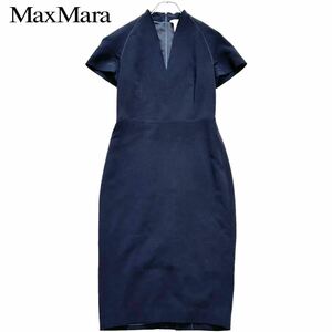 Lサイズ★ Max Mara マックスマーラ ロングワンピース 白タグ 半袖 Vネック ラグラン袖 Aライン バックジップ ファスナー ネイビー