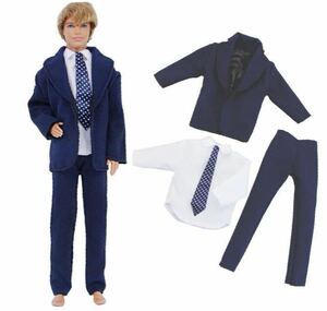 ネイビーのスーツ上下、ネクタイ、ワイシャツの4点セットお人形さん用