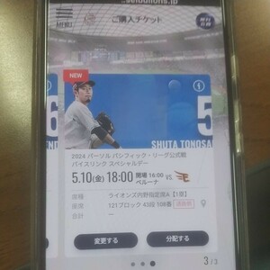 西武ライオンズ対東北楽天イーグルス　ライオンズ内野指定席S3枚通路側