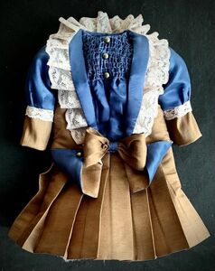ビスクドール用ドレス 56cm前後の人形用 インディゴ/ダークブラウン アンティークとヴィンテージの生地 イギリス専門工房 フレンチスタイル