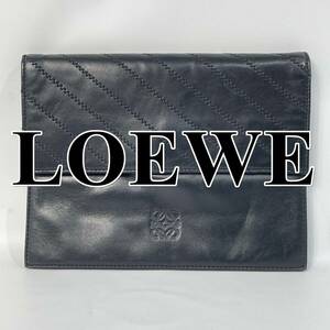 【良品】LOEWE ロエベ クラッチバッグ セカンド ロゴ レザー 黒