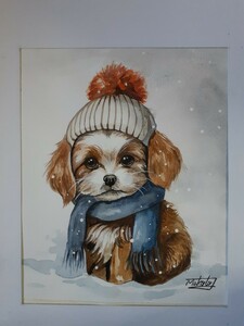 水彩画　雪上の可愛い仔犬