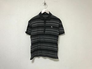 本物バーバリーブラックレーベルBURBERRY BLACK LABELコットンボーダー柄ロゴ刺繍半袖ポロシャツメンズサーフアメカジゴルフビジネス2M黒