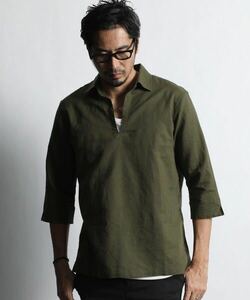 The DUFFER of ST.GEORGE LINEN BLEND 3Q SKIPPER SHIRT：綿麻素材 7分袖 スキッパーシャツ M グリーン