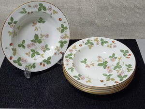 41509 美品 WEDGWOOD WILD STRAWBERRY SOUP PLATE 6P ウェッジウッド ワイルドストロベリー スープ皿 6点 黒壺 深皿 直径約20cm