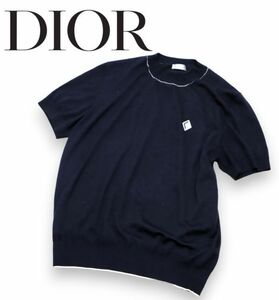 国内正規品 DIOR 393M666AT691 CD ダイアモンドロゴ リブライン 半袖ニット ディオールオム カシミヤ×シルク S/S セーターネイビーM JZ-20