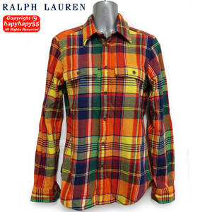 ■ラルフローレン チェックフランネルシャツ 肘革パッチ スリムフィット 新宿伊勢丹購入◆Ralph Lauren ネルシャツ Polo ビタミンカラー