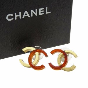 ★E2092 超美品 シャネル ココマーク バイカラー ピアス クリアブラウン×ゴールド CHANEL レディース★