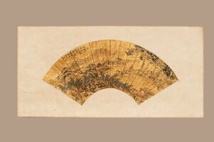 【善古堂】某有名オークション買入「沈周書」中国明時代画家 金箔紙本【山水図・扇面巻物】肉筆保証 巻物 中国畫 中国書道0425-XC8　