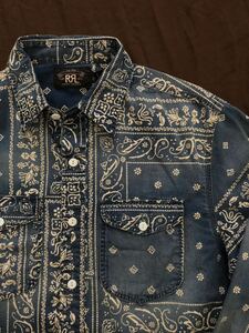 【傑作】極美品 RRL BANDANNA INDIGO WORK SHIRTS ダブルアールエル インディゴ バンダナ ペイズリー 総柄 抜染 本藍染め シャツ M