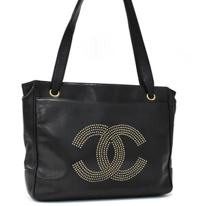 1円 ◎美品 CHANEL シャネル ショルダートートバッグ 肩掛け ココマーク スタッズ レザー ブラック◎E.Crul.tI-01