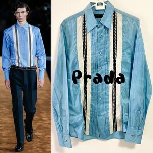 2015.16 SS ■PRADA/プラダ 長袖シャツ・ドレスシャツ イタリアン/リネン ランウェイコレクション シルク100％ S~M ステッチ 光沢感