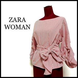 ZARA WOMAN ブラウス カシクール 金魚袖 ストライプ リボン 白 赤 XS（S）